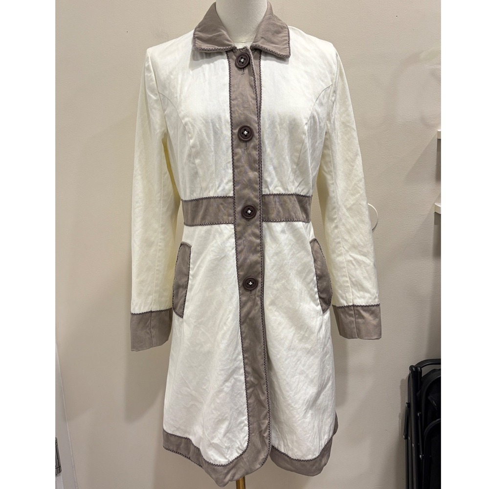 Boden Cream Taupe Cotton Trench Coat Contrast Stitching Size 6 Preppy Retro Mod
